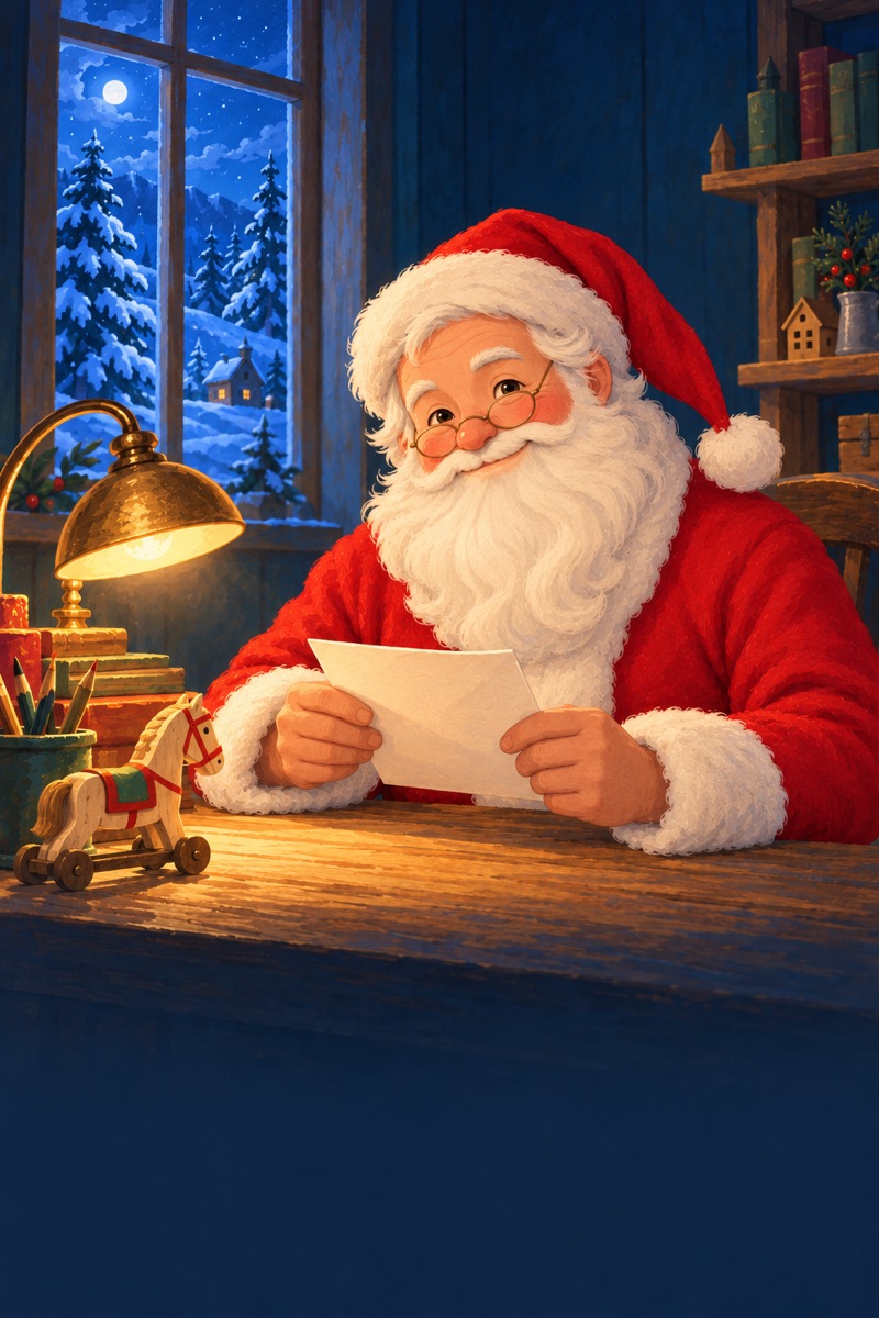 Santa reading a child's letter in his lamplit workshop, with snow falling outside the window.